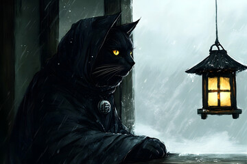 Naklejka premium A mysterious black cat in a hood gazes out at a snowy landscape while a lantern glows softly nearby