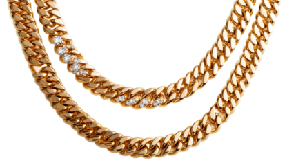 Gold chain with diamonds jewelry design, close-up shot, cut out transparent