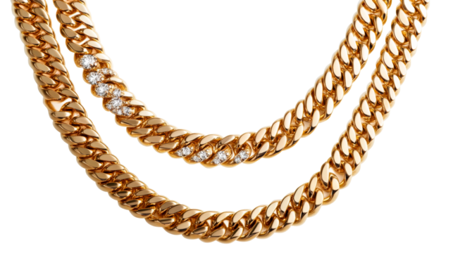 Gold chain with diamonds jewelry design, close-up shot, cut out transparent