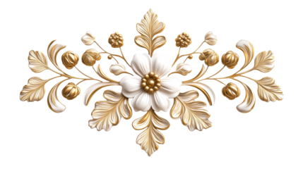 Decorative gold floral element, symmetrical design, cut out transparent