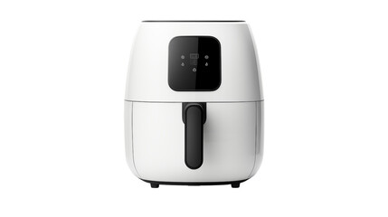 A front view of a white air fryer with a black handle and a black digital display panel