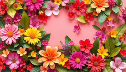 Vibrant spring/summer floral background with colorful vector flowers and leaves, flower background, colorful