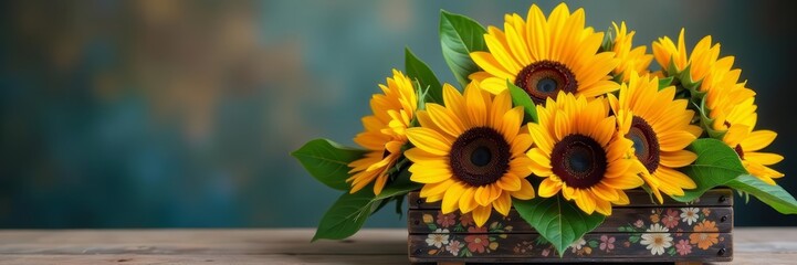 Fototapeta premium Vibrant sunflower bouquet on hand-painted wooden box, handmade, floral painting