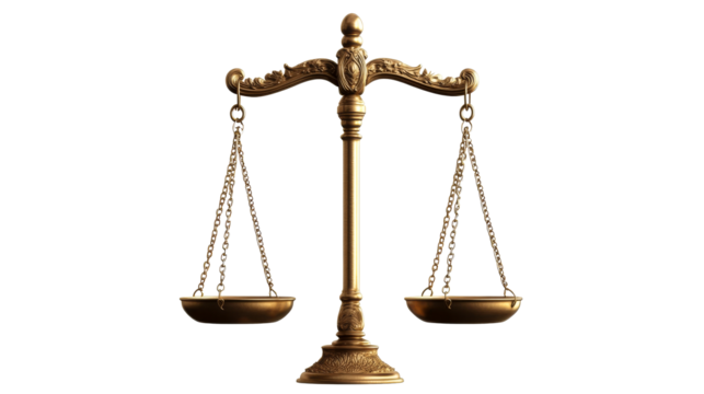 Golden scales of justice, balance concept, fairness, cut out transparent