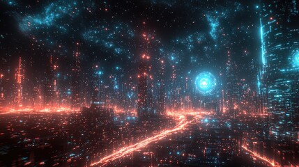 Fototapeta premium Futuristic Cityscape with Neon Lights and Digital Patterns in a Cosmic Environment for AI and Language Models
