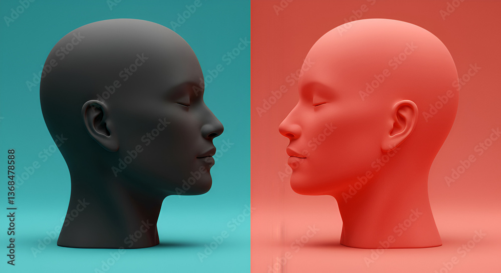 Poster abstract heads facing each other in teal and red colors depicting connection and duality artificial 
