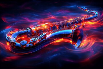 Jazz notes swirling around a glowing, abstract saxophone, creating a vibrant and energetic representation of music