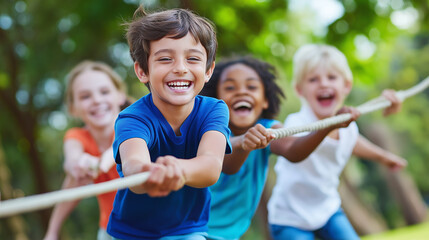 A group of joyful children play tug of war outdoors, laughing and smiling with excitement.