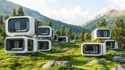 Futuristic eco-lodges nestled in mountain valley