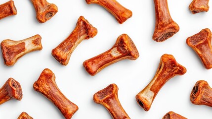 High-resolution image of meaty, dried bones arranged in different positions, emphasizing their use as pet chews and canine dental health aids