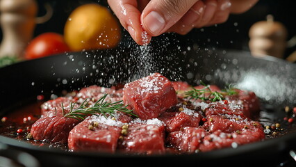 Close up of a hand sprinkling a pinch of sea salt on the raw beef steak to season the meat, cooking preparation