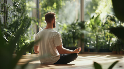 Fototapeta premium A man in a white t-shirt meditates in a cross-legged position surrounded by lush indoor plants and soft candlelight. 
