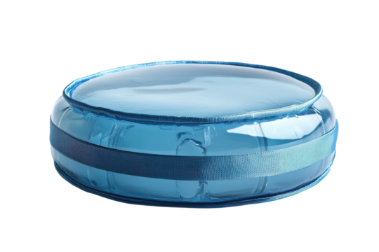 Serene Aqua Cushion: A calming translucent blue disc with a soft, subtle sheen and elegant ribbon accents, offering a tranquil seating experience.