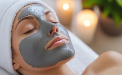 A woman relaxes with a gray facial mask in a spa setting, surrounded by candles and flowers.
