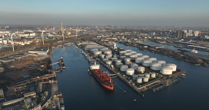 Petroleum products storage in the port of Amsterdam. The Netherlands. Transport over water. Aerial views.