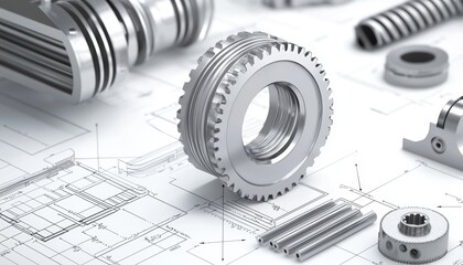 High-resolution technical drawing with a fully assembled mechanical structure, highlighting gears, bearings, and linear actuators