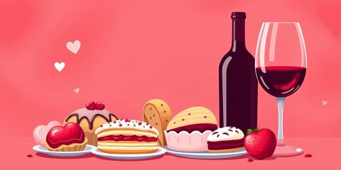 Whimsical food & wine illustration; hearts, pastries, wine glasses, red & pink background, romantic, Valentine's, wedding, birthday, wine, elements
