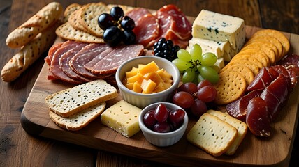 High-angle view of a charcuterie board featuring assorted cheeses, cured meats, fresh fruit, and crackers on a rustic table 
