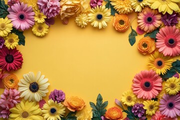 Floral Frame of Colorful Flowers on Yellow Background with Copy Space