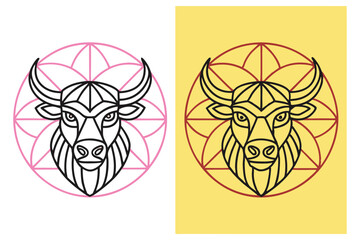 Geometric Bull Head Art with Circle Mandala Background on Colored Backdrop