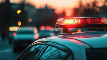 A flashing siren sits atop a police car, emitting bright red and blue lights, chasing criminal, law enforcement
