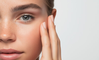 Extreme close-up of a woman's face highlighting her eye, smooth skin, and well-groomed eyebrow.
