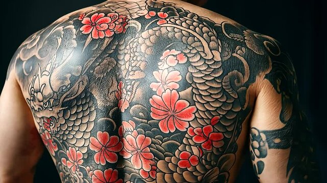 A heavily tattooed back covered in an epic full-body Japanese Irezumi piece, a dramatic dragon intertwined with cherry blossoms in rich, detailed ink.