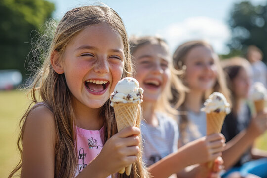 Children laughing and joyfully licking ice cream cones by a colorful carousel at a busy amusement park on a sunny day.