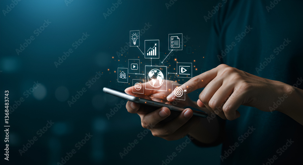 Poster man interacting with mobile phone displaying information icons on dark blue background