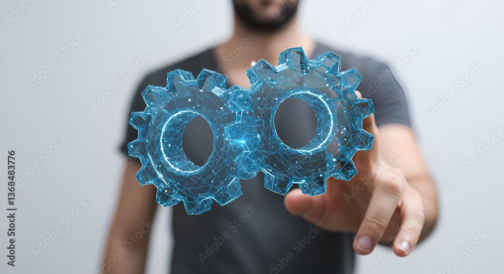 Poster man interacts with digital gears networking interface and automation technology in blue lighting