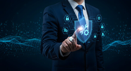 Man in Suit Touching Digital Shield Icon on Abstract Dark Blue Background