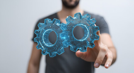 Man Interacts with Digital Gears Networking Interface and Automation Technology in Blue Lighting