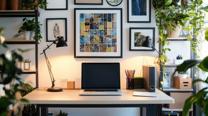 Fototapeta premium Office space with laptop on a desk filled with potted plants and framed art creating a productive zone
