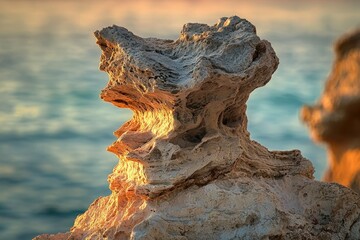 Eroded rock formation stands tall by the sea, sculpted by wind and waves, bathed in warm sunset light, creating a rugged coastline scene.