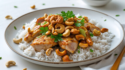 Roasted chicken breast with cashew nuts and rice on a white plate