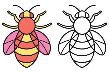 Bee with Bold Outline, Red, Yellow, Pink Colors and a Black and White Version