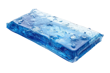 A captivating block of glacial blue ice, seemingly frozen in time, with trapped air bubbles and a translucent, shimmering surface against a bright white background.