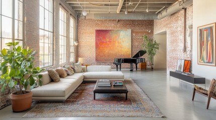 Fototapeta premium Bright and Airy Living Room with Exposed Brick Wall Piano Colorful Artwork and Modern Furniture