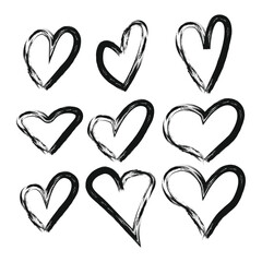 Brush strokes hand drawn cute heart icons set