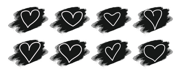 Doodle hand drawn hearts icon with brush stroke frames set