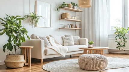 Elegant Interior Featuring Cozy Couch Plants and Wooden Accents in a Serene Home Setting