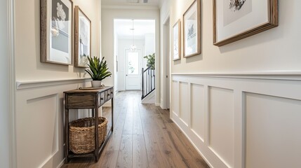 Inviting home interior design features stylish entryway modern decor and abundant natural light creating cozy atmosphere