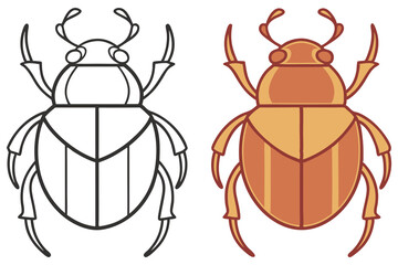 Cartoonish Scarab Beetle in Outline and Color on Transparent BG