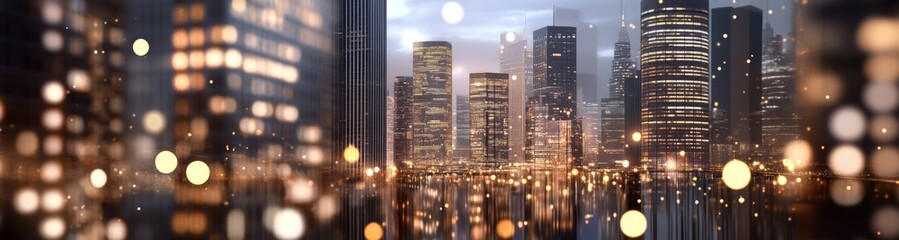 City skyline at dusk with sparkling lights reflecting on the water surface alongside tall buildings and a vibrant urban atmosphere