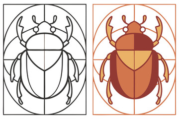 Scarab Beetle, Color And Black & White Line Art, Geometric Border, Divine Ratio