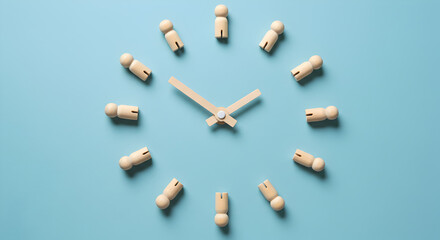 Wooden Peg Dolls Form a Clock on Blue Background Representing Time Management and Deadlines