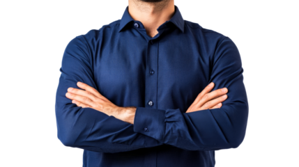 Man in a blue shirt with crossed arms, cut out transparent