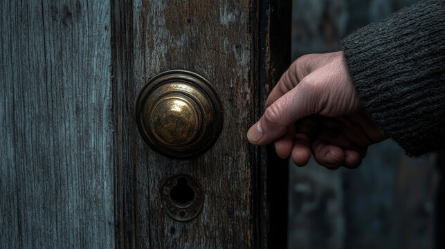 hand reaches for vintage brass doorknob on weathered wooden door, evoking sense of curiosity and anticipation. aged texture of door adds character to scene