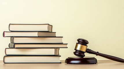 Legal books and gavel on table in neutral background
