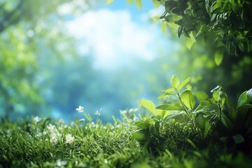 Fototapeta premium Lush Green Grass and Foliage with White Flowers in Sunny Nature